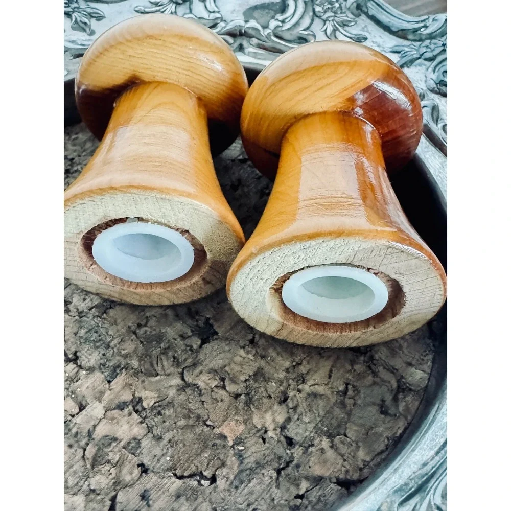 Vintage Mushroom Wood Salt and Pepper Shakers Set BrownGlossy Mid Century Rustic